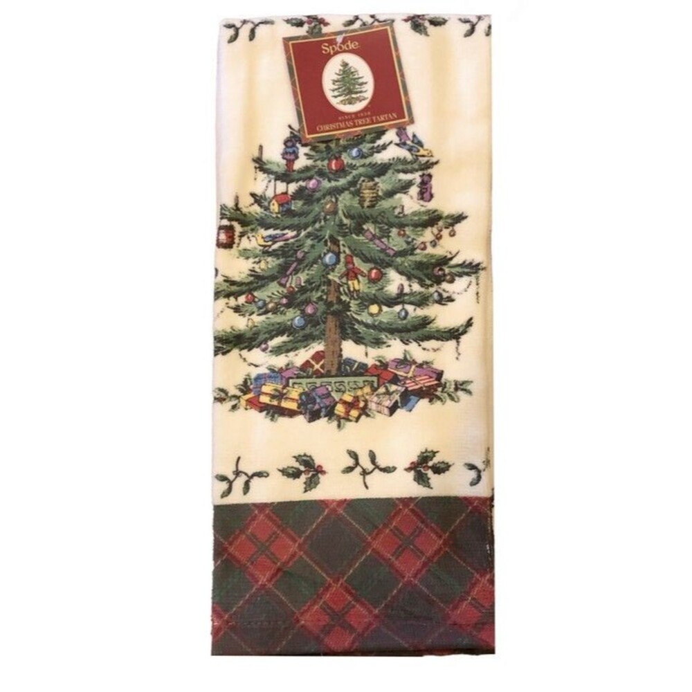 Spode Christmas Kitchen Dish Towel Tree 100% Cotton Tartan Plaid 27x19 Holiday